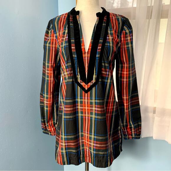 J. Crew Velvet Trimmed Tartan Plaid V-Neck Tunic - Picture 2 of 8